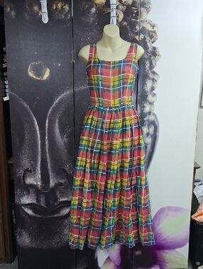 60-70's Homemade Colorful Plaid Sleeveless Maxi Dress.